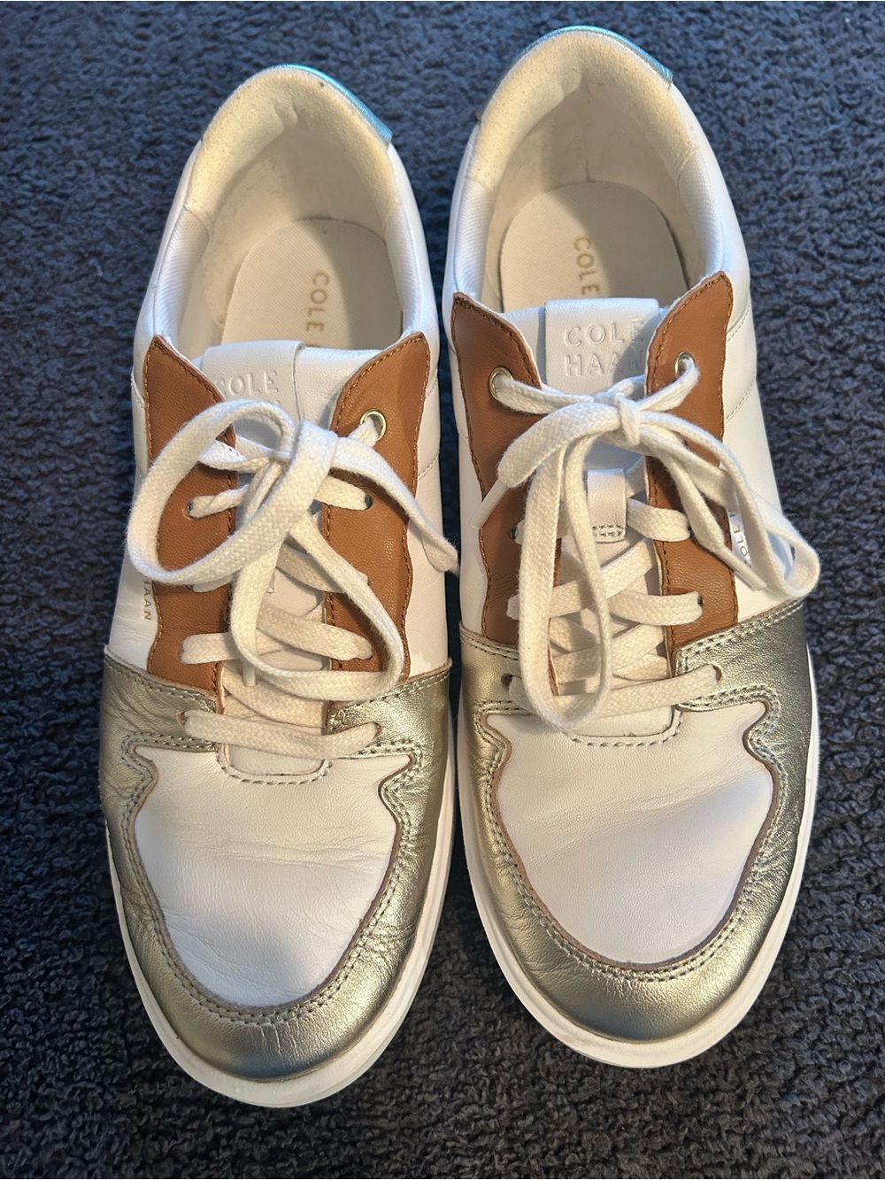 Cole Haan White, Tan & Silver Leather Lace-Up Sneakers
